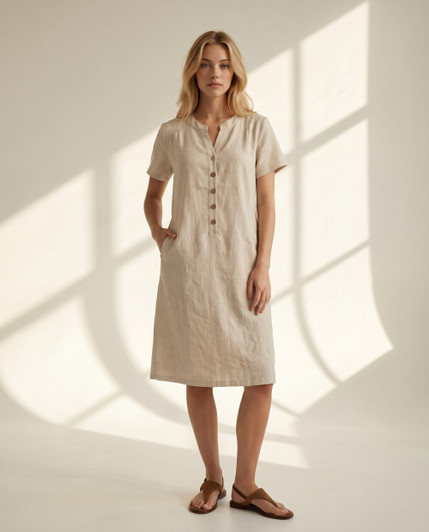 Casual Linen Shift Dress, Short Sleeve Button Dress for Women, Minimalist Summer Dress with Pockets