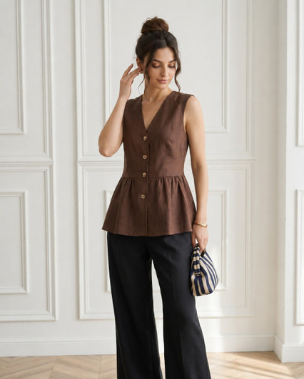 Linen Peplum Top, Sleeveless Button Front Blouse, Green Summer Tank Top, Casual Linen Vest