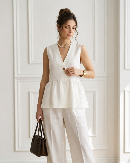 White Linen Two Piece Set, Sleeveless Peplum Top and Wide Leg Pants, Summer Linen Outfit