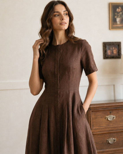 Linen Summer Midi Dress, Natural Button Front Dress with Pleated Skirt, Elegant Everyday Dress for Women