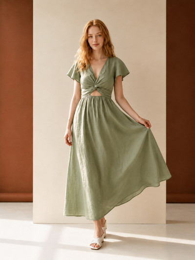 Linen Maxi Dress, Twist Front Dress with Short Flutter Sleeves, Elegant Summer Dress for Vacation and Resort