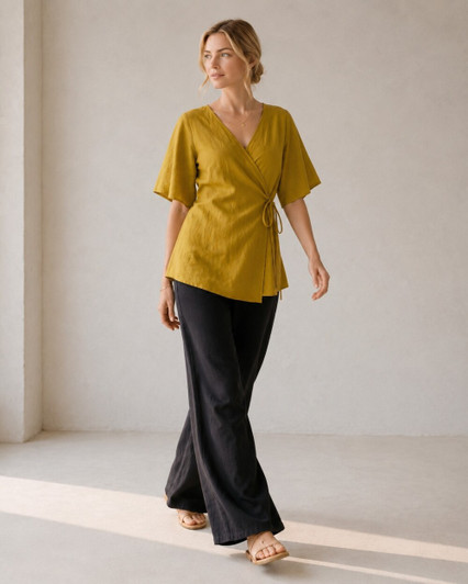 Natural Linen Top, V Neck Wrap Shirt with Tie Front and Flowy Sleeves, Minimalist Summer Blouse for Women