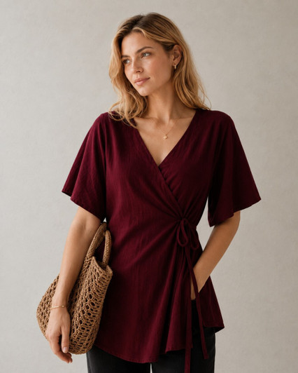 Linen Wrap Top, V Neck Tie Waist Blouse with Flutter Sleeves, Casual Summer Top for Women