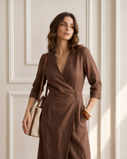 Minimal Linen Maxi Dress, Wrap Dress for Women, V Neck Ankle Length Dress, Timeless Summer Outfit