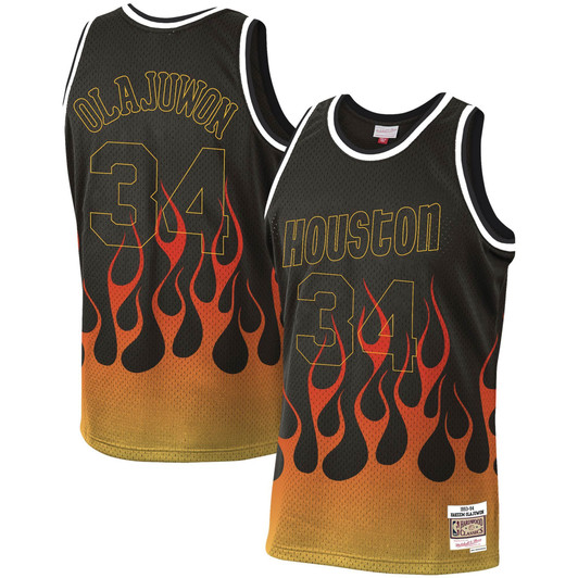 Hakeem Olajuwon Houston Rockets Mitchell & Ness 1993-94 Hardwood Classics Flames Swingman Jersey – Black