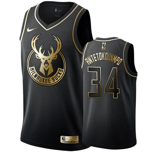 Men'S Milwaukee Bucks Giannis Antetokounmpo Black #34 Golden Edition Swingman Jersey