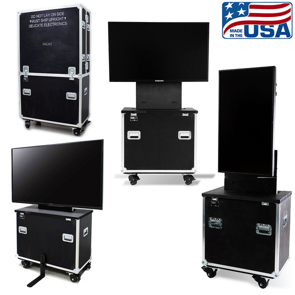 RotoLift lift cases store in portrait mode.  The cases save space and safely transport your display to and from your location