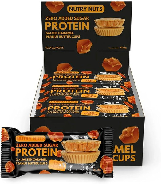 Nutry Nuts Zero Added Sugar Protein Peanut Butter Cups 12x42g Salted Caramel & Peanut