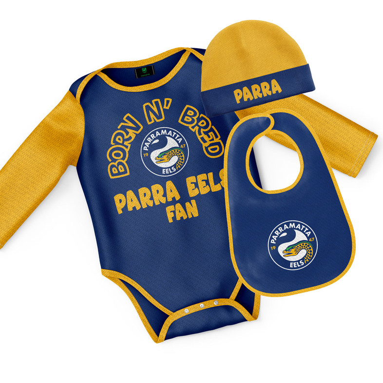 Parramatta Eels Bodysuit, Beanie and Bib Set - Baby Parramatta Eels Bodysuit, Beanie and Bib Set - Baby