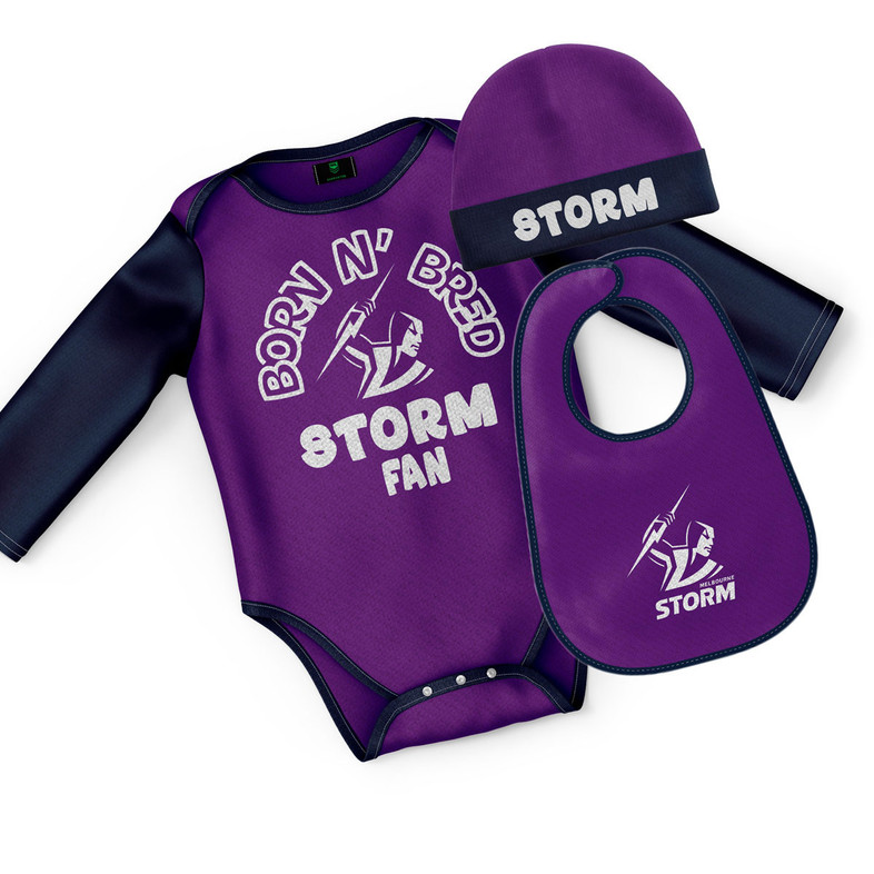 Melbourne Storm Bodysuit, Beanie and Bib Set - Baby Melbourne Storm Bodysuit, Beanie and Bib Set - Baby