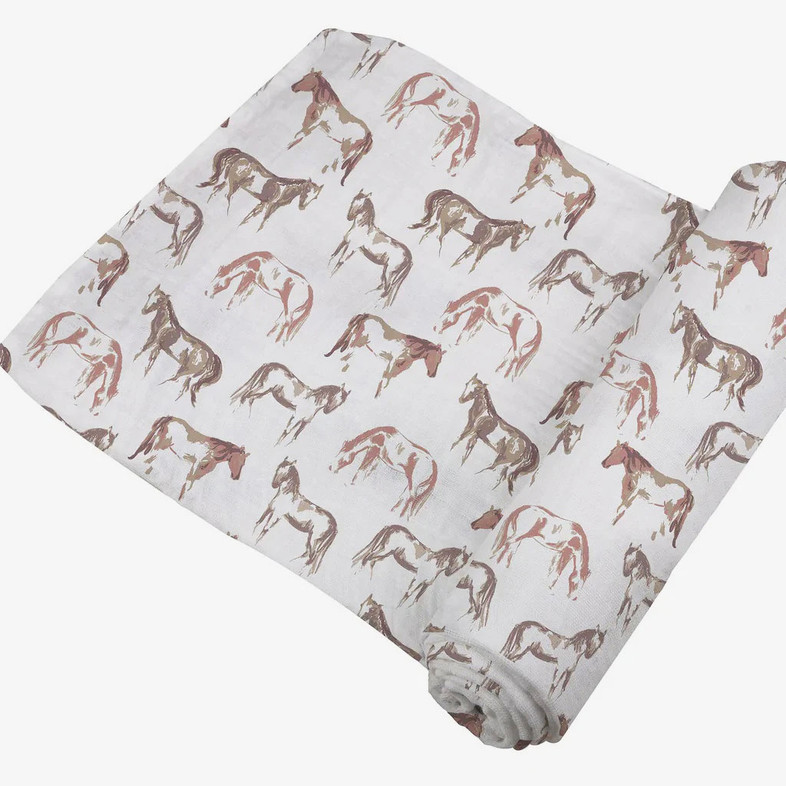 Bamboo Muslin Baby Swaddle Wrap (Wild Horses design)