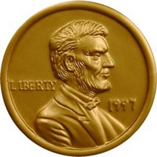 Gold colored ,3" round, squishy stress penny with picture of Abraham Lincoln .