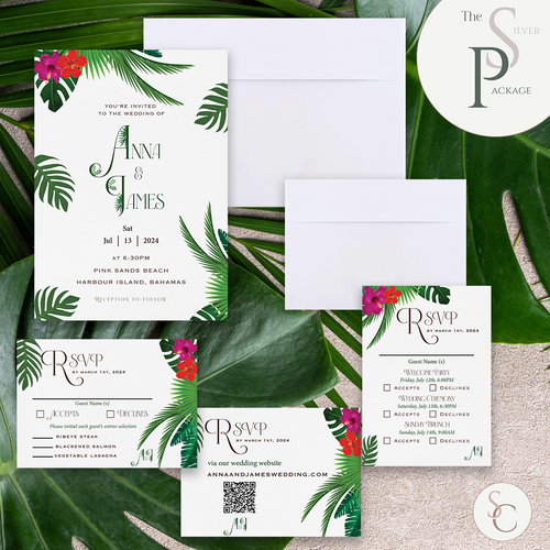 Wedding invitation with RSVP, tropical greenery