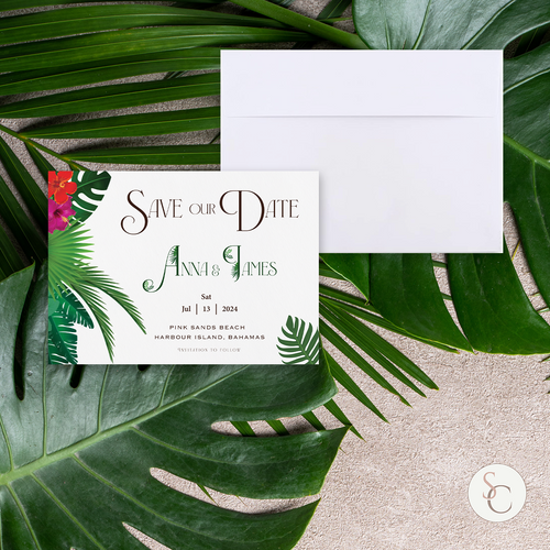 Wedding save the date with envelope greenery tropical