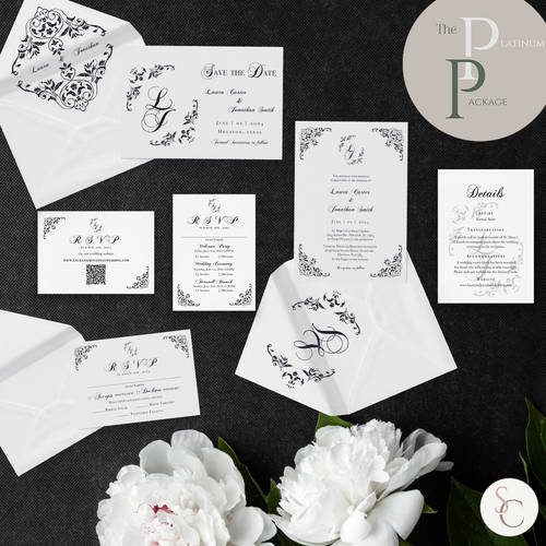 Wedding invitation suite with save the date, black and white vintage
