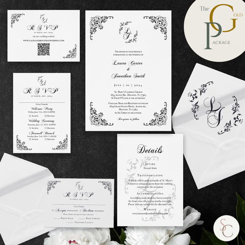 Wedding invitation suite with RSVP, details card, black and white vintage