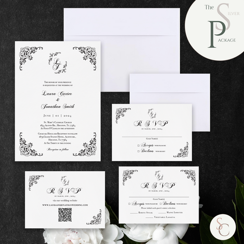 Wedding invitation with RSVP, black and white vintage