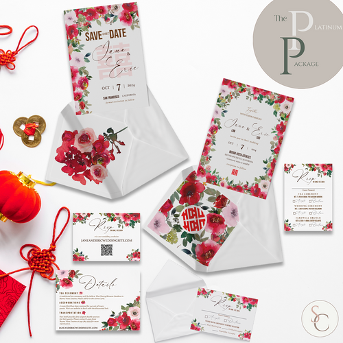Wedding invitation suite with save the date, Chinese red floral