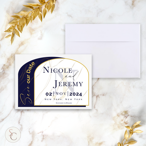 Wedding save the date with envelope modern gold and navy