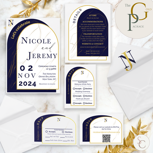 Wedding invitation suite with RSVP, details card, modern gold navy