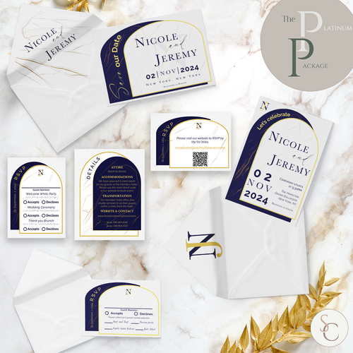 Wedding invitation suite with save the date, modern gold navy
