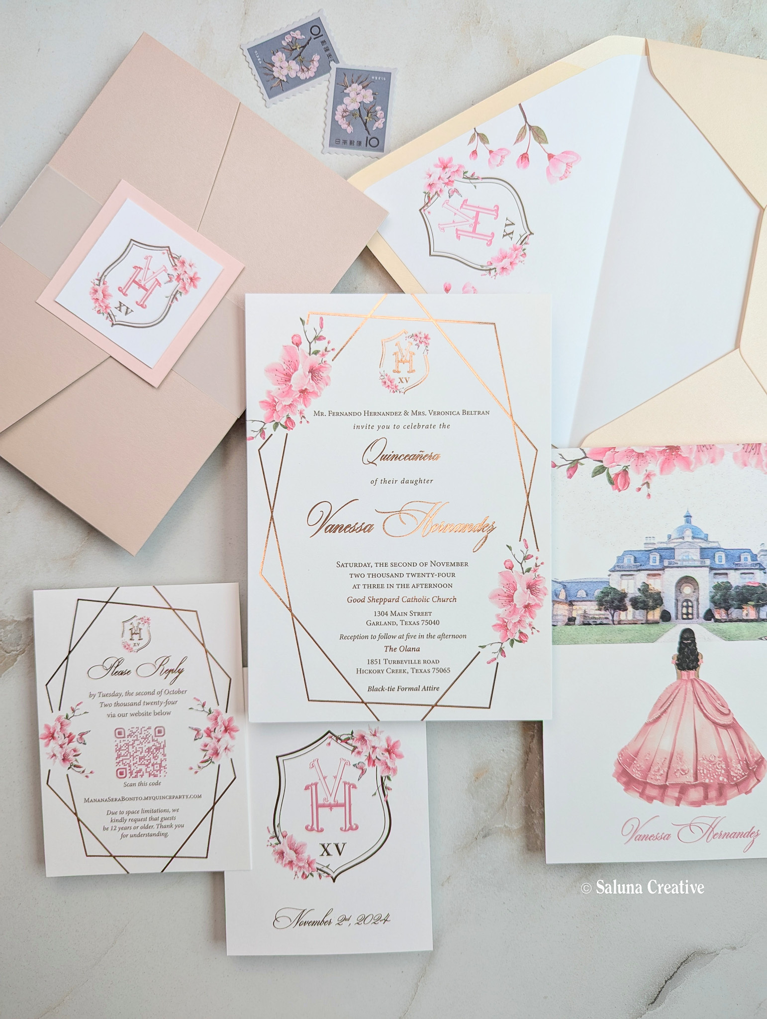 Rose Gold Quinceanera Invitation Suite