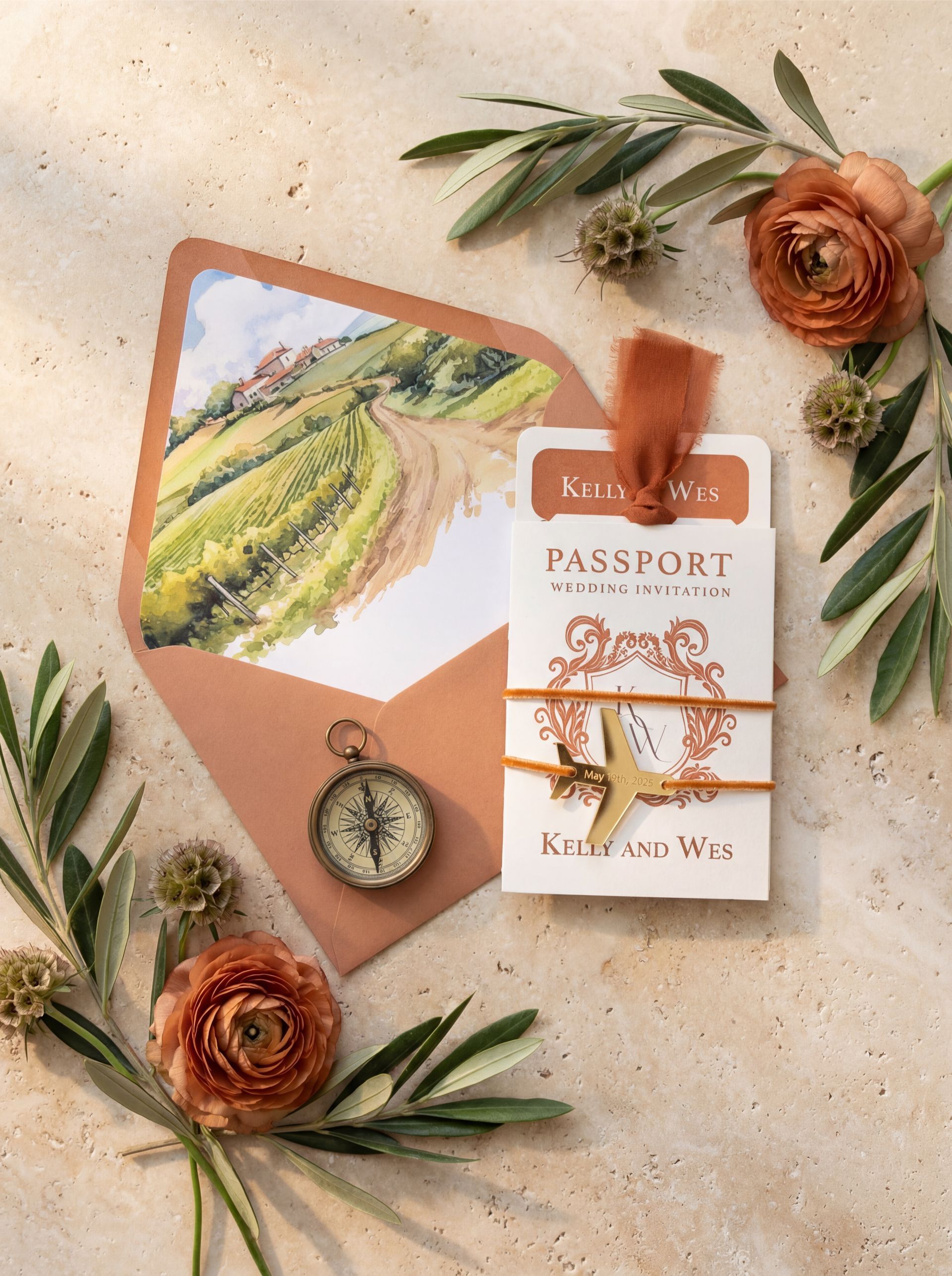 Terracotta Passport Letterpress Invitations