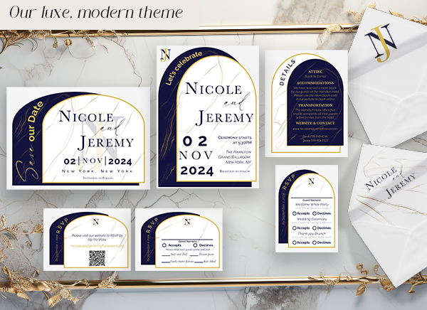 Modern Blue and Gold Marble Theme Wedding Invitations Luxury