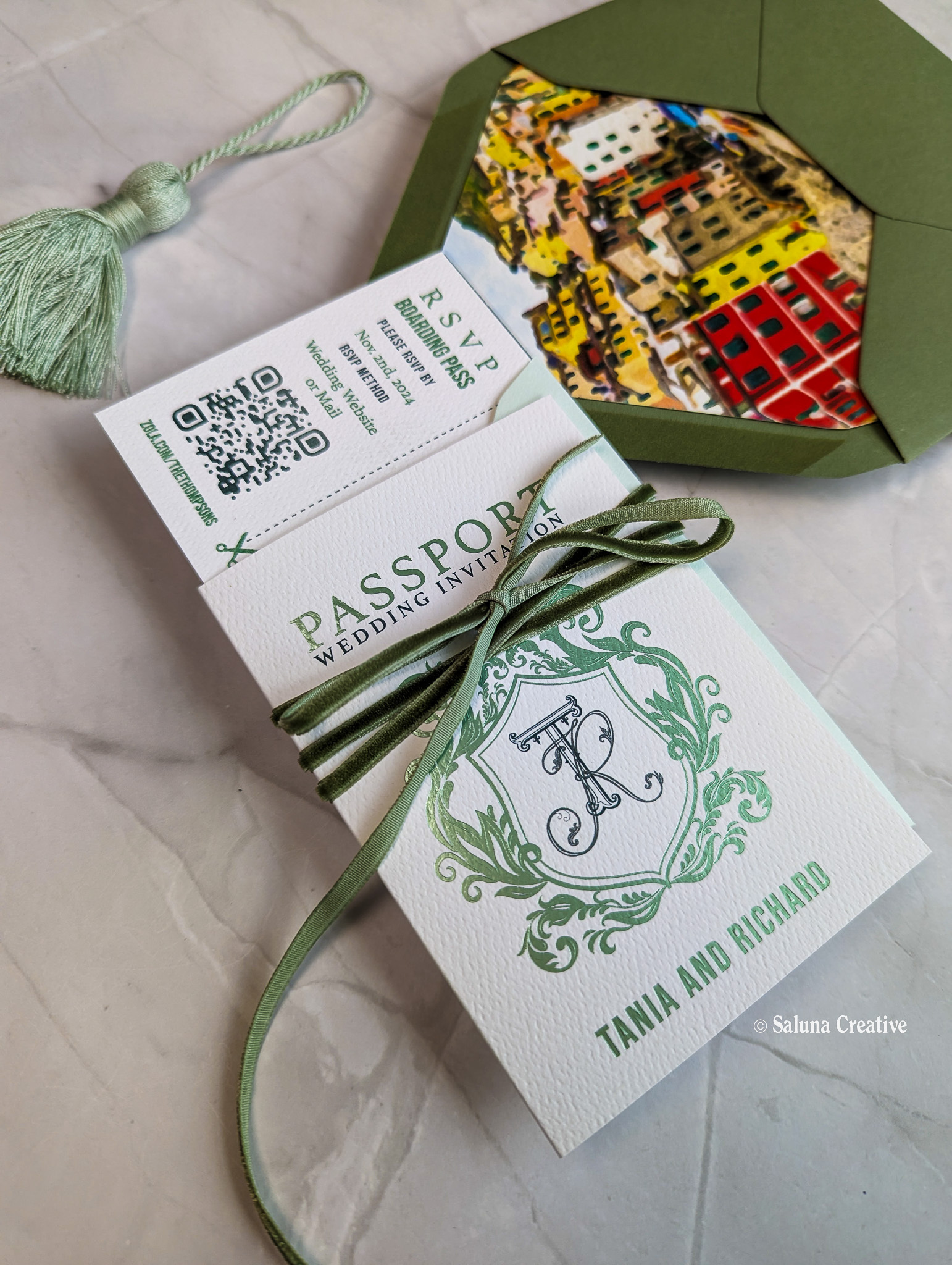 Passport invitation with monogram crest