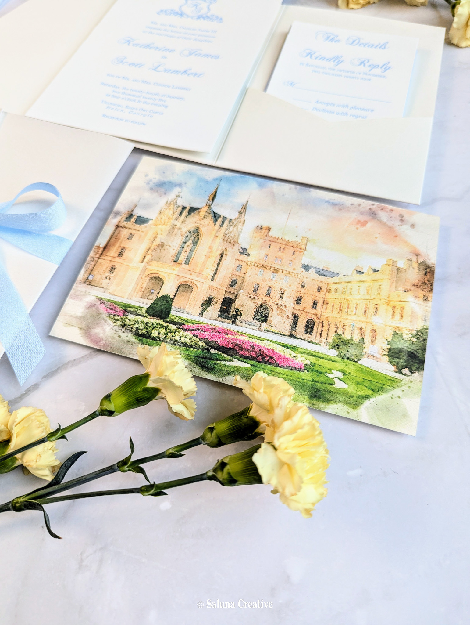 Watercolor venue illustration invitation suite