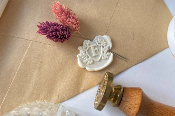 Custom invitations with embellishments wax seal stamp ribbons dried flowers