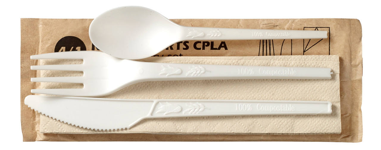 4/1 white CPLA Cutlery set wrapped in a paper bag (Case of 250 sets)