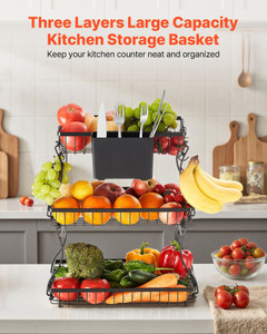 3 Tier Fruit Basket, Countertop Fruits Vegetable Bowl with Banana Hangers and Side Storage Basket, 