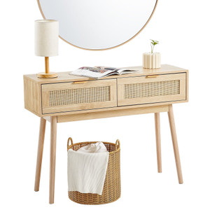 Rattan Console Table with 2 Storage Drawers, Rattan Entryway Table with Natural Rattan Sliding Door