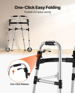 Folding Walker, 2-Button Foldable Walker with 5" Wheels & 8-Level Adjustable Height, 350LBS Loading