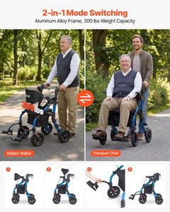 2-in-1 Rollator Walker & Transport Chair for Seniors, Foldable Rolling Walker Wheelchair, Lightweig