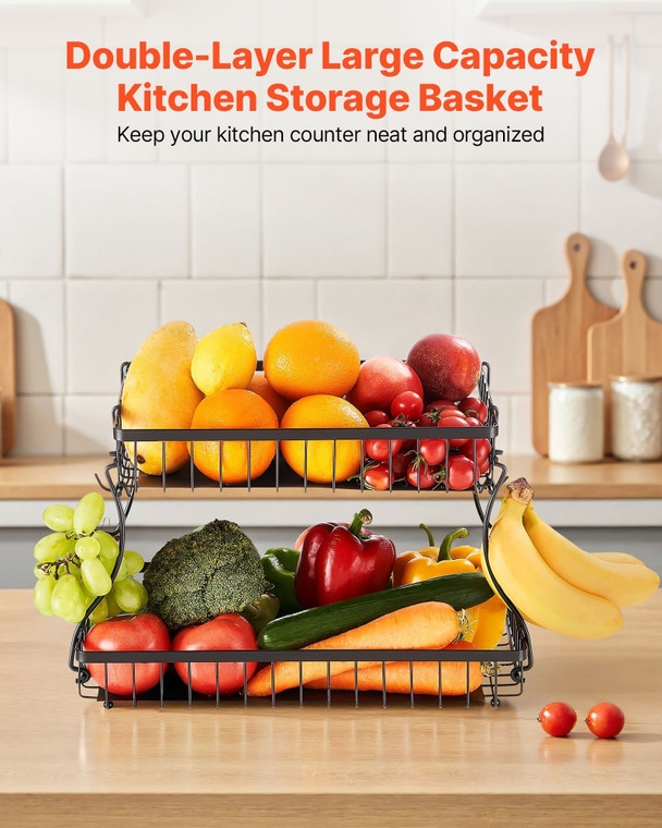 2 Tier Fruit Basket, Countertop Fruits Vegetable Bowl with Banana Hangers, Metal Wire Storage Stand