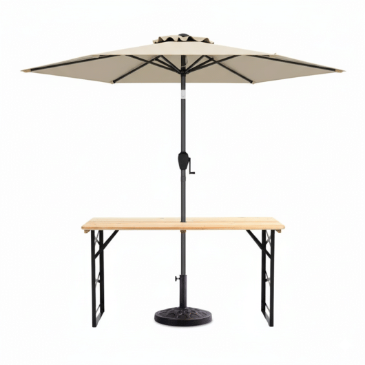 3-Piece Patio Picnic Table Set: Adjustable Wooden Picnic Table + Umbrella + Umbrella Base - Size: 6