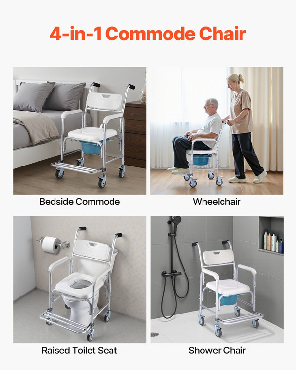 Bedside Commode Chair with Wheels, 350 lbs Capacity, 4-in-1 Portable Toilet and Raised Toilet Seat 
