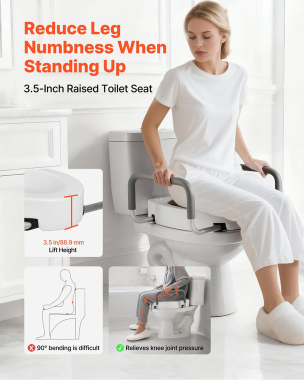 Raised Toilet Seat with Arms, 300 lbs Load Capacity, 3.5-Inch Lift Height, Widened Commode Elevated