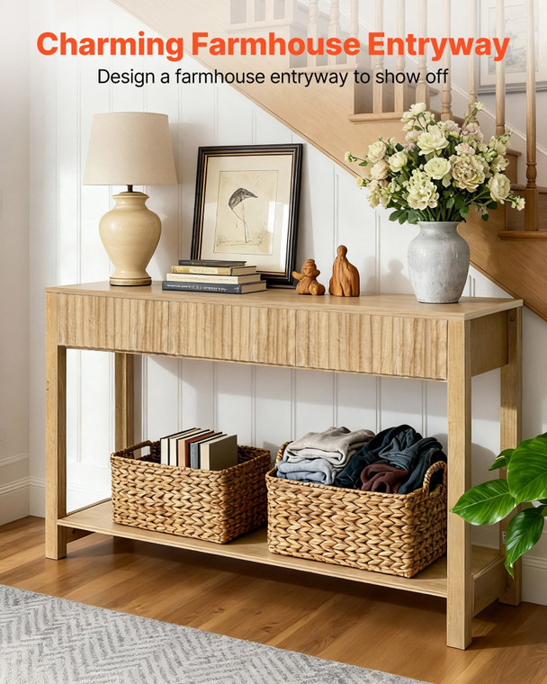47 in Console Table, Farmhouse Desk Behind the Couch with Drawers and Bottom Storage Shelf, Wooden 