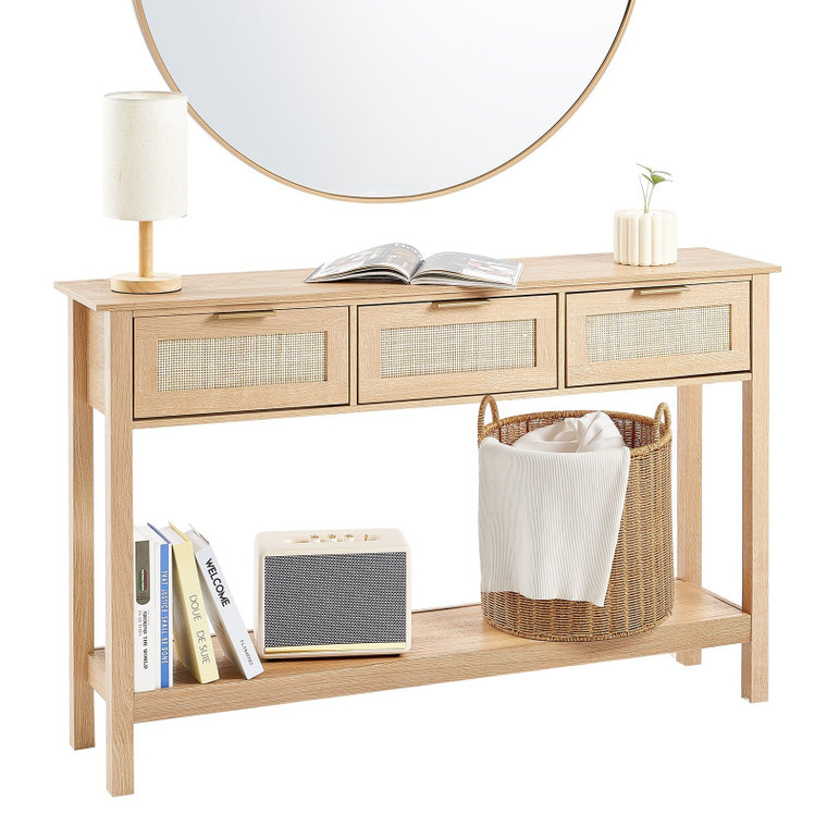 Rattan Console Table with 3 Storage Drawers, Rattan Entryway Table with Natural Rattan Sliding Door