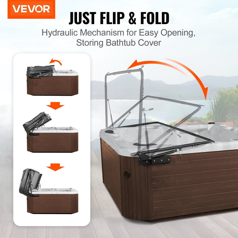 Hydraulic Hot Tub Cover Lift, Spa Cover Lift, Adjustable Width from 69 in to 96.5 in, Mounts on Bot