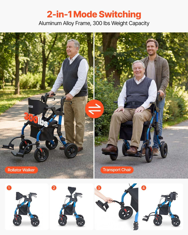 2-in-1 Rollator Walker & Transport Chair for Seniors, Foldable Rolling Walker Wheelchair, Lightweig