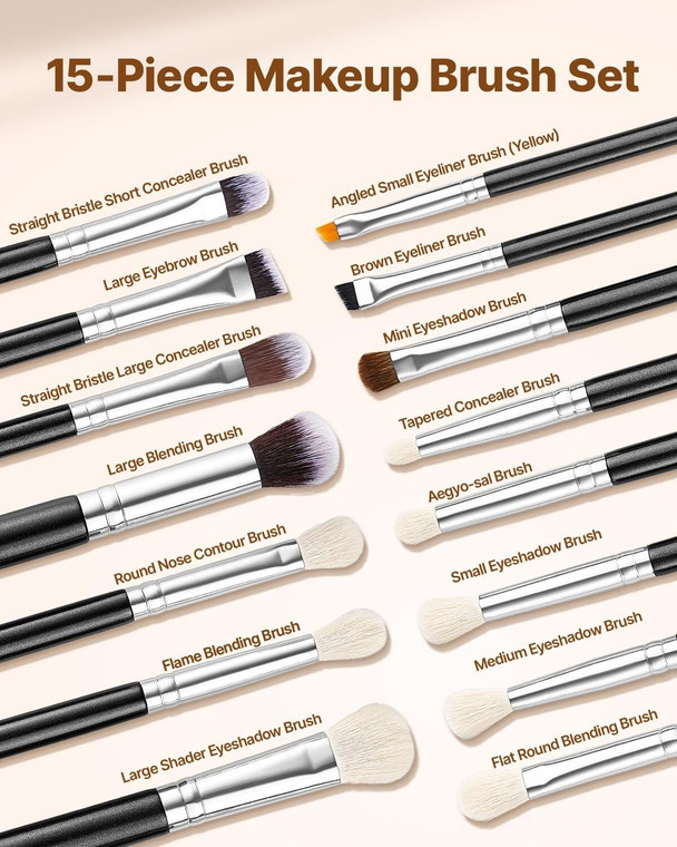 15-Piece Makeup Brush Set for Foundation Blending Eyeshadow, Professional Vegan Brushes with Soft S