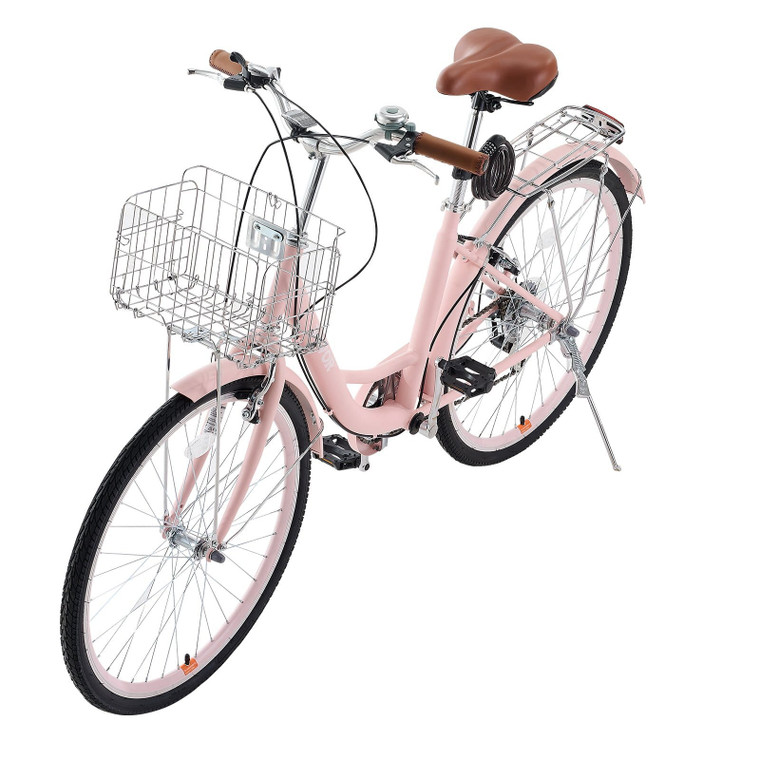 Cruiser Bike, 7-Speed, 26-Inch Pink Beach Cruiser Bike with Large Capacity Basket and Rear Rack, Se