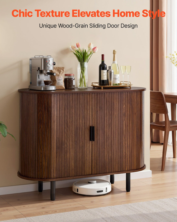Coffee Bar Cabinet, Mid Century Fluted Coffee Bar Table, Buffet Stand Cabinet with 2 Sliding Doors,