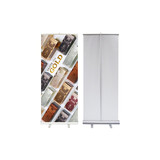 tall roll up banner showing Organo coffee branding mounted on a retractable stand with carrying bag