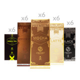 OG Beverage Variety Case featuring 6 boxes each of OG Black, OG Mocha, OG Latte, Hot Chocolate, and Green Tea arranged as a premium beverage kit set