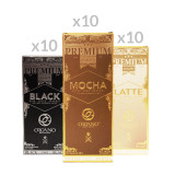 Combo Case 1 product bundle showing 10 boxes OG Black, 10 boxes OG Mocha, and 10 boxes OG Latte arranged as a mixed variety kit.